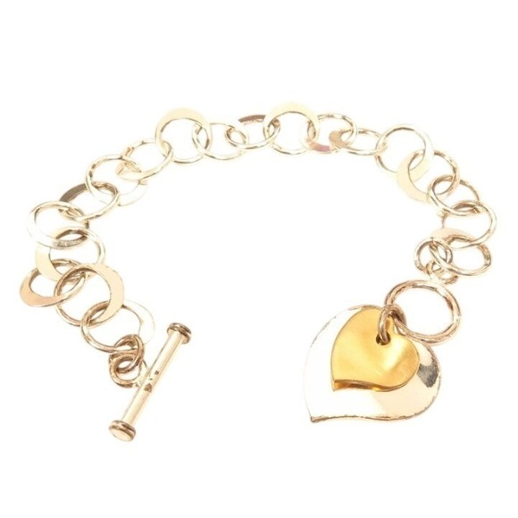 Sterling Silver Vermeil Two Tone Heart Toggle Wide Charm Bracelet 16.7grams‎
